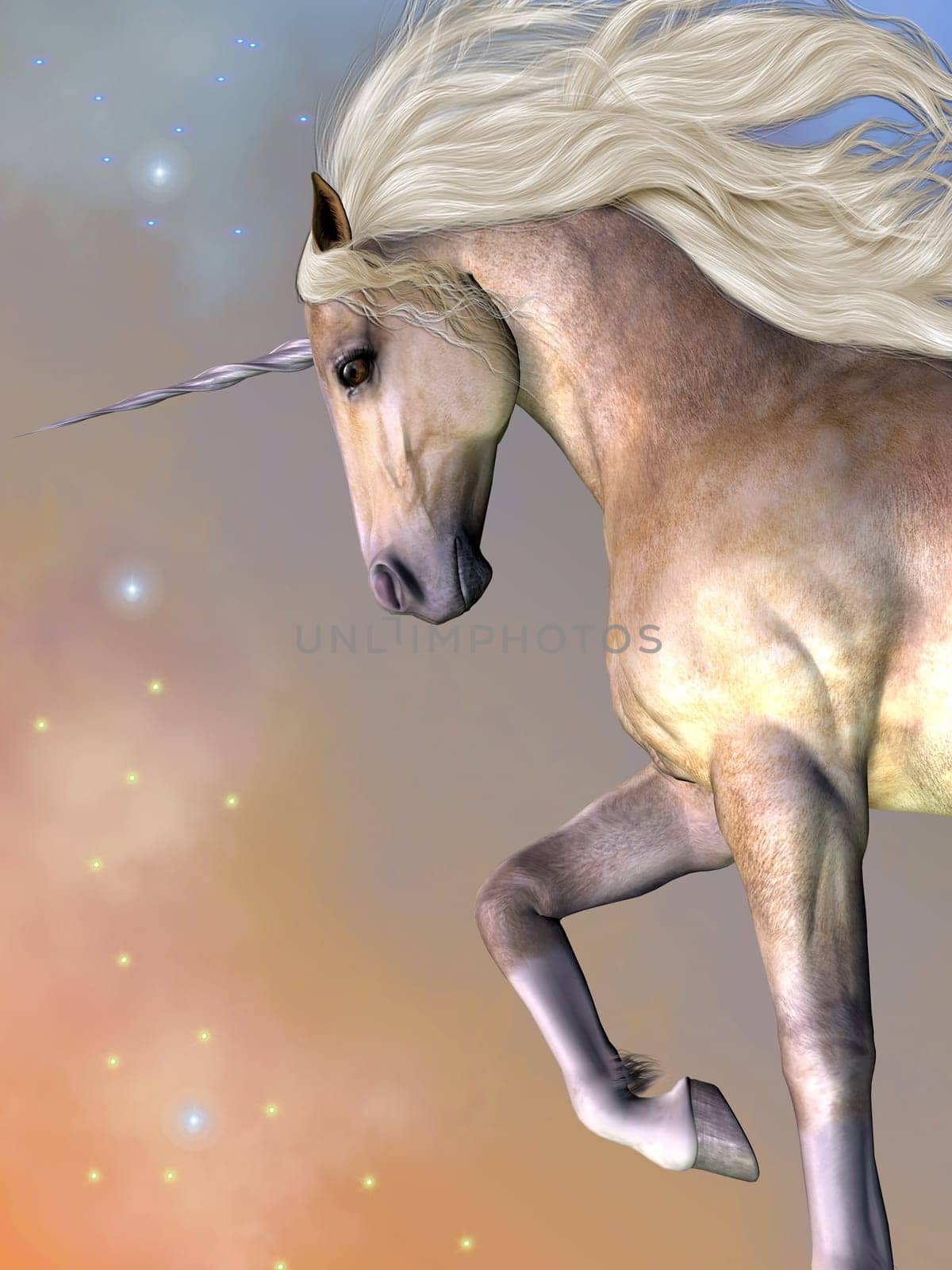 Cosmic stars surround the beauty of a dapple buttermilk unicorn as he prances across the universe.