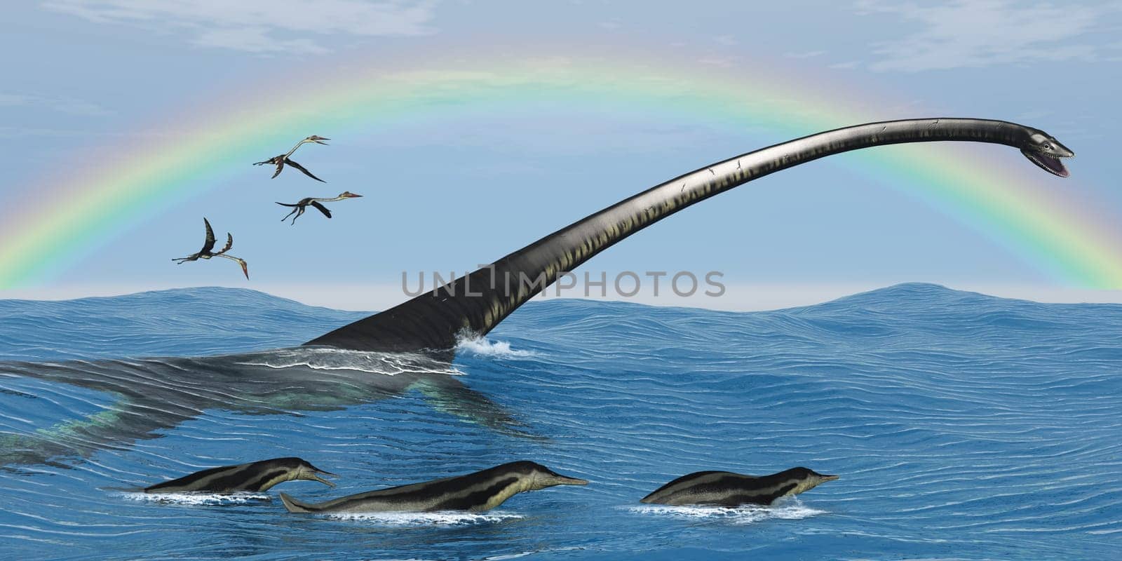 Elasmosaurus tries to capture one of the Dolichorhynchops reptiles as Quetzalcoatlus birds look for fish.