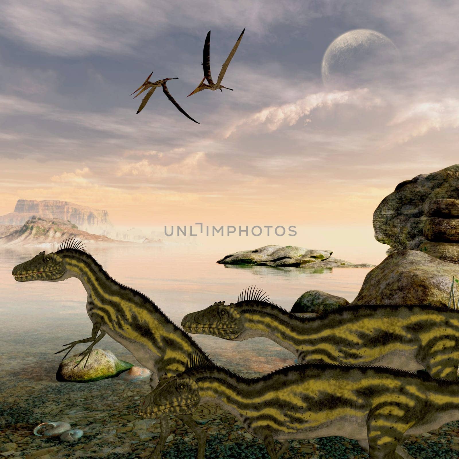 Pteranodon flying reptiles watch Deltadromeus dinosaurs searching the shoreline for things to eat.