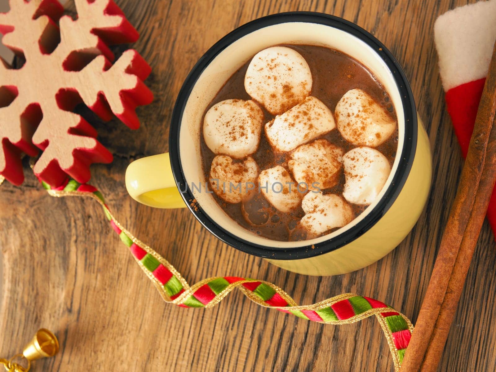 Hot chocolate with marshmallows and cinnamon, Christmas drink with decoration
