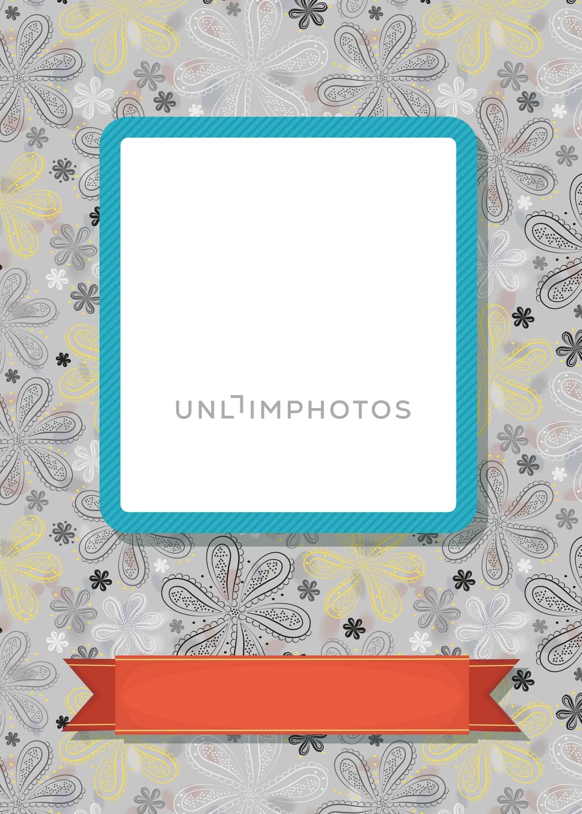 Graceful greeting card. Geometric floral pattern. Blue frame for custom photo. Red banner for custom text. Gray background