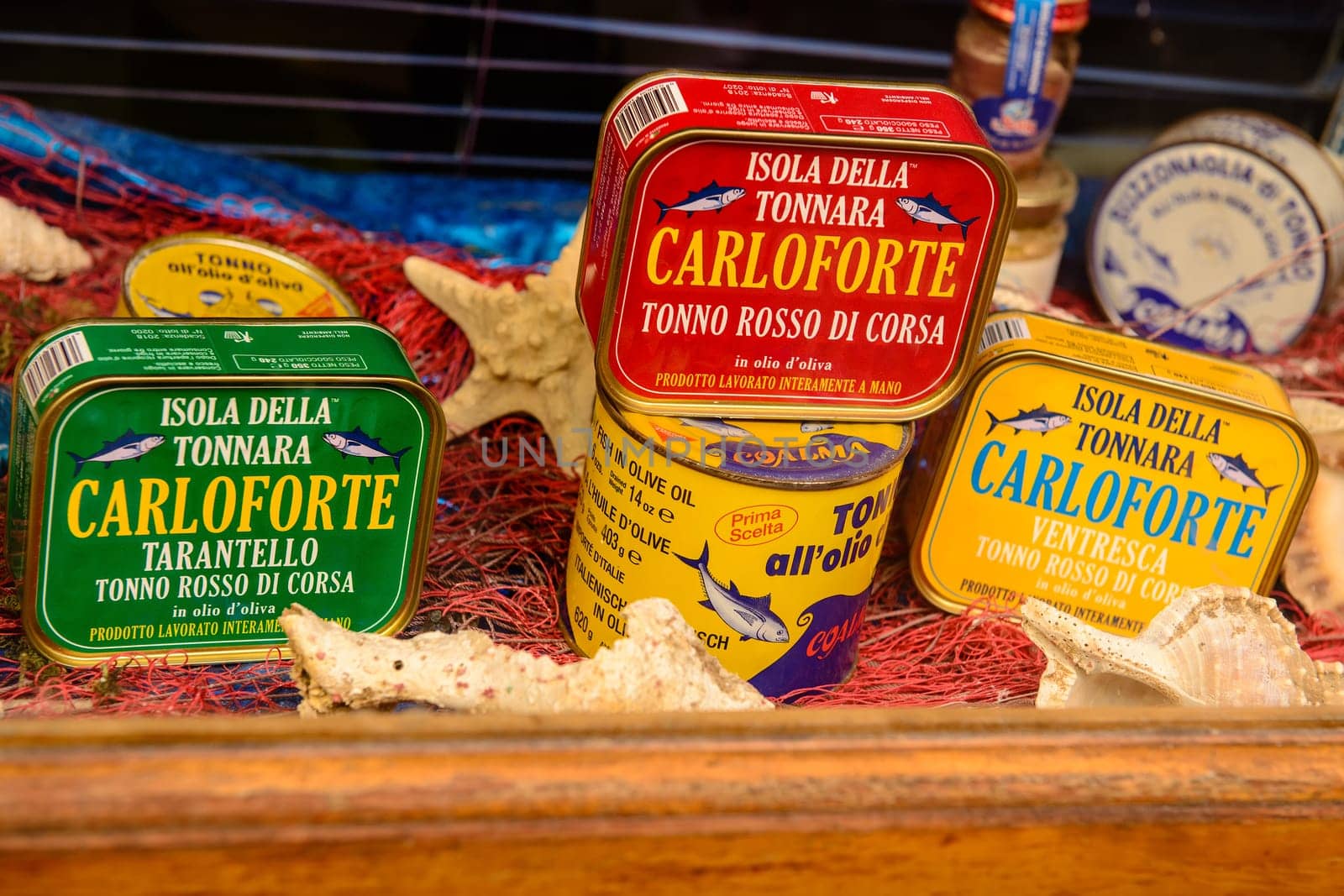 Carloforte, Sardinia, Italy - May 08, 2014: Typical canned tuna products on the island of San Pietro in Sardinia, Italy.