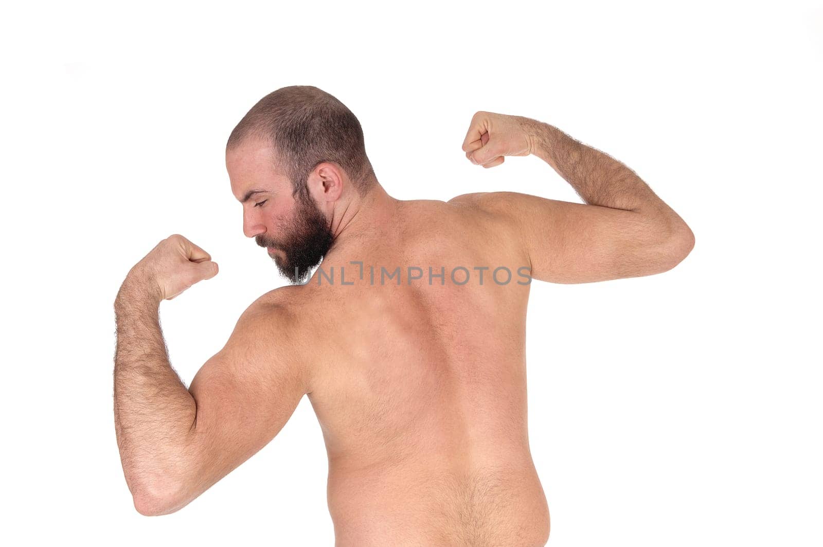 A young man standing shirtless from the back working out and showing.his body, isolated for white background.