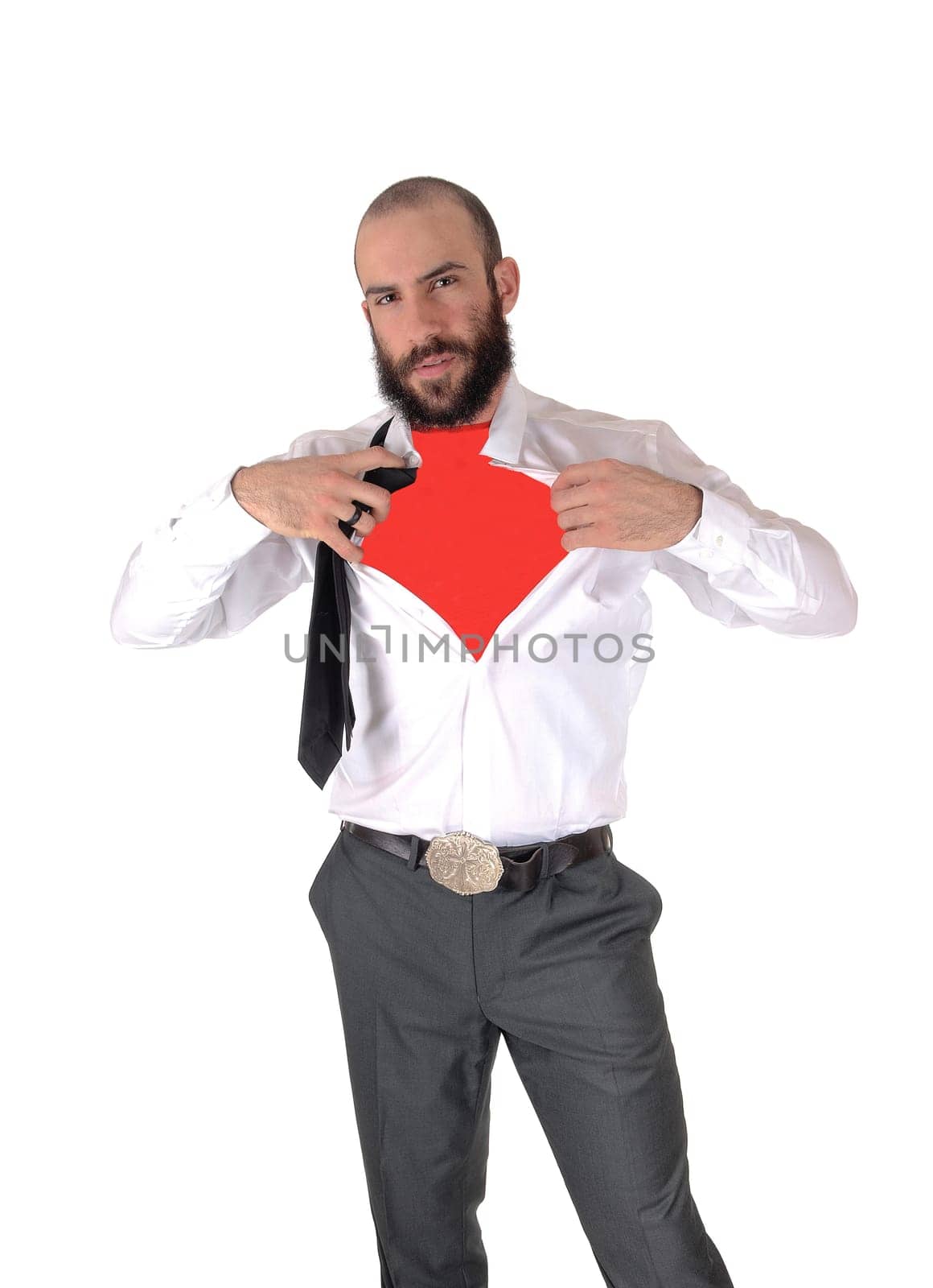A handsome young man in a white shirt showing his red .undershirt, with a beard and mustache, isolated for white background.
