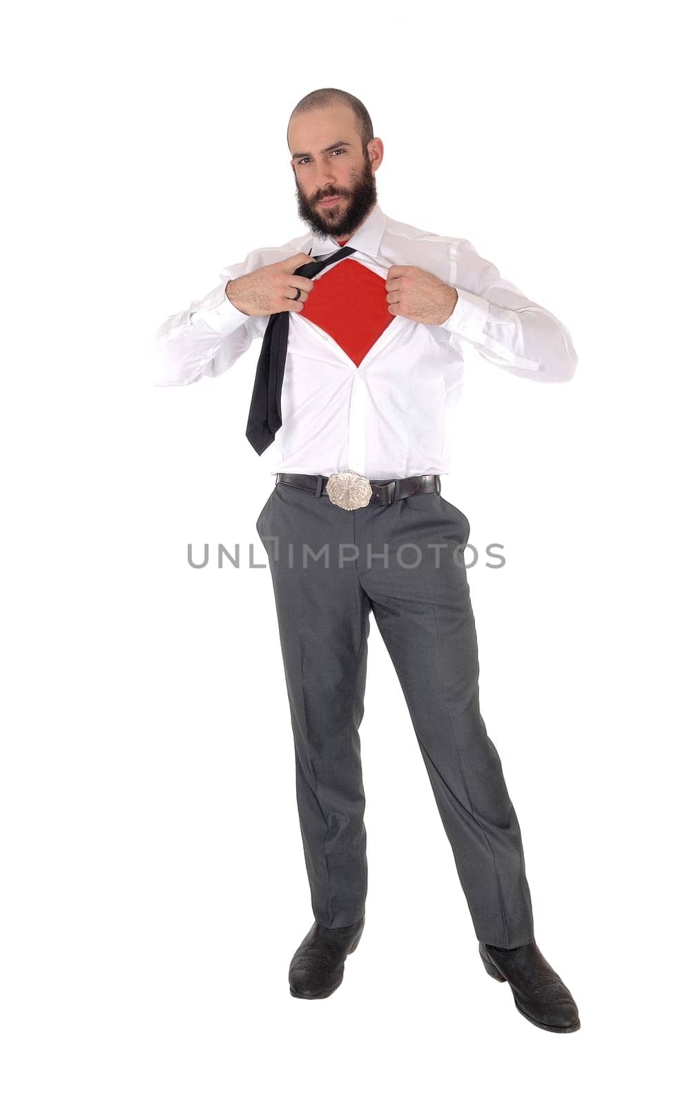 A handsome young man in a white shirt showing his red undershirt .with a beard and mustache, isolated for white background.
