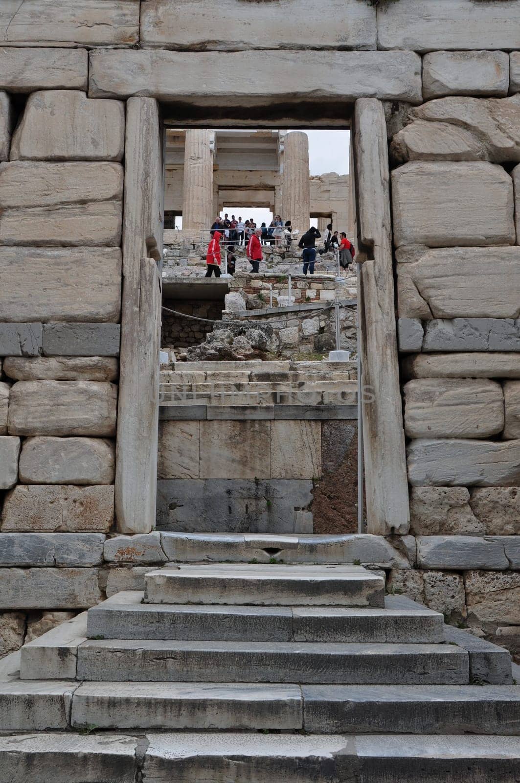 ATHENS, GREECE - MAY 6, 2014: The Beule Gate and view of Propylaia west entrance to the Acropolis, Athens Greece.