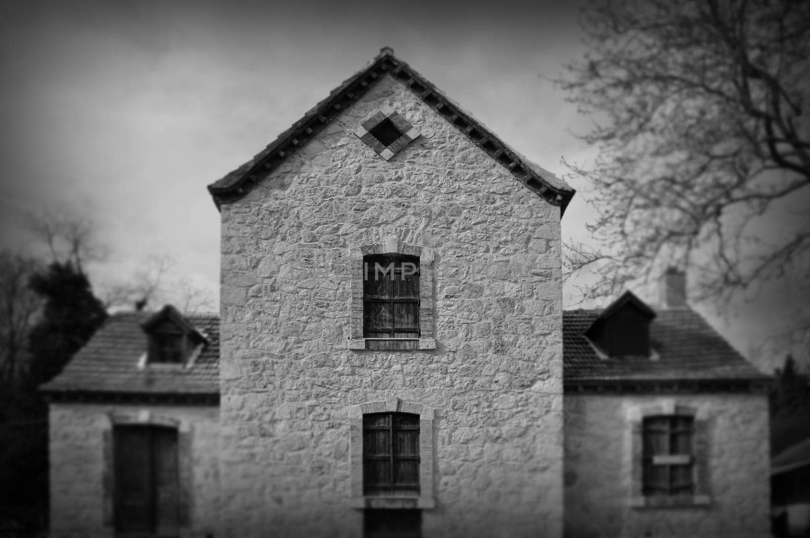Gothic revival architecture abandoned house exterior abstract blur. Black and white.