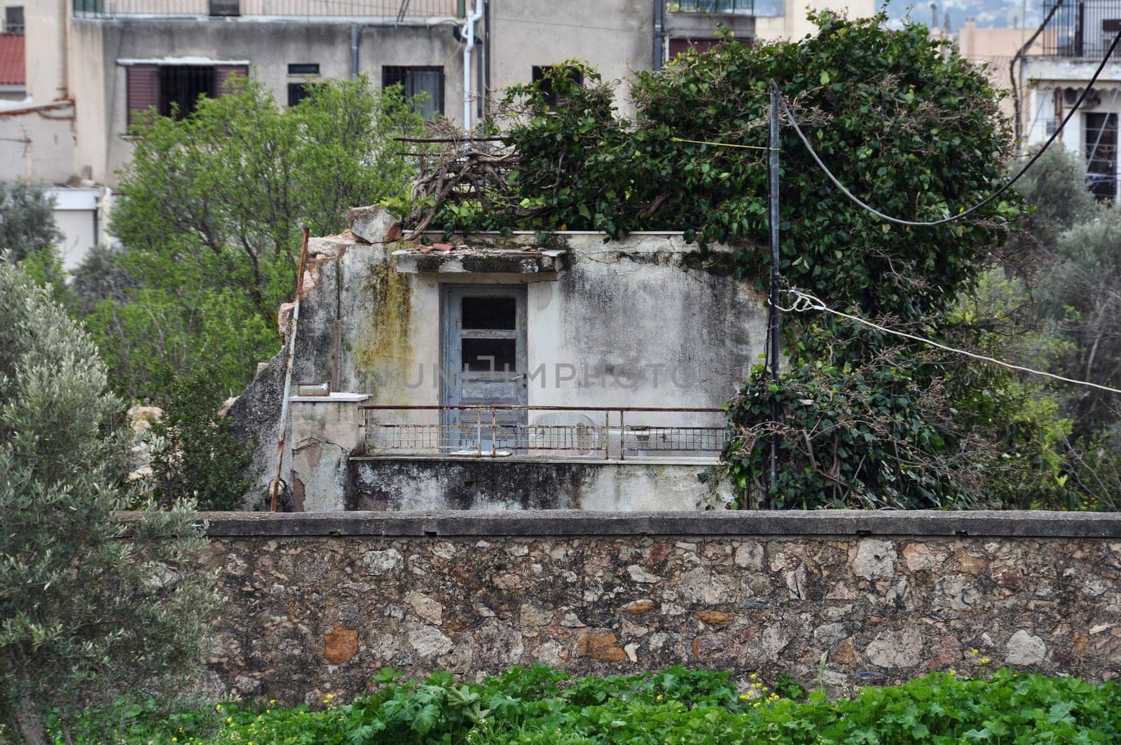 Old abandoned house reclaimed by nature. Urban ruin and overgrown plant.
