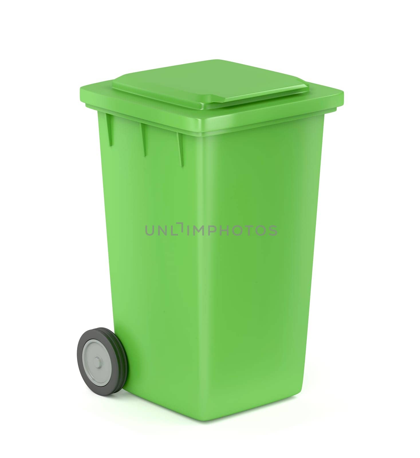 Green plastic waste container on white background