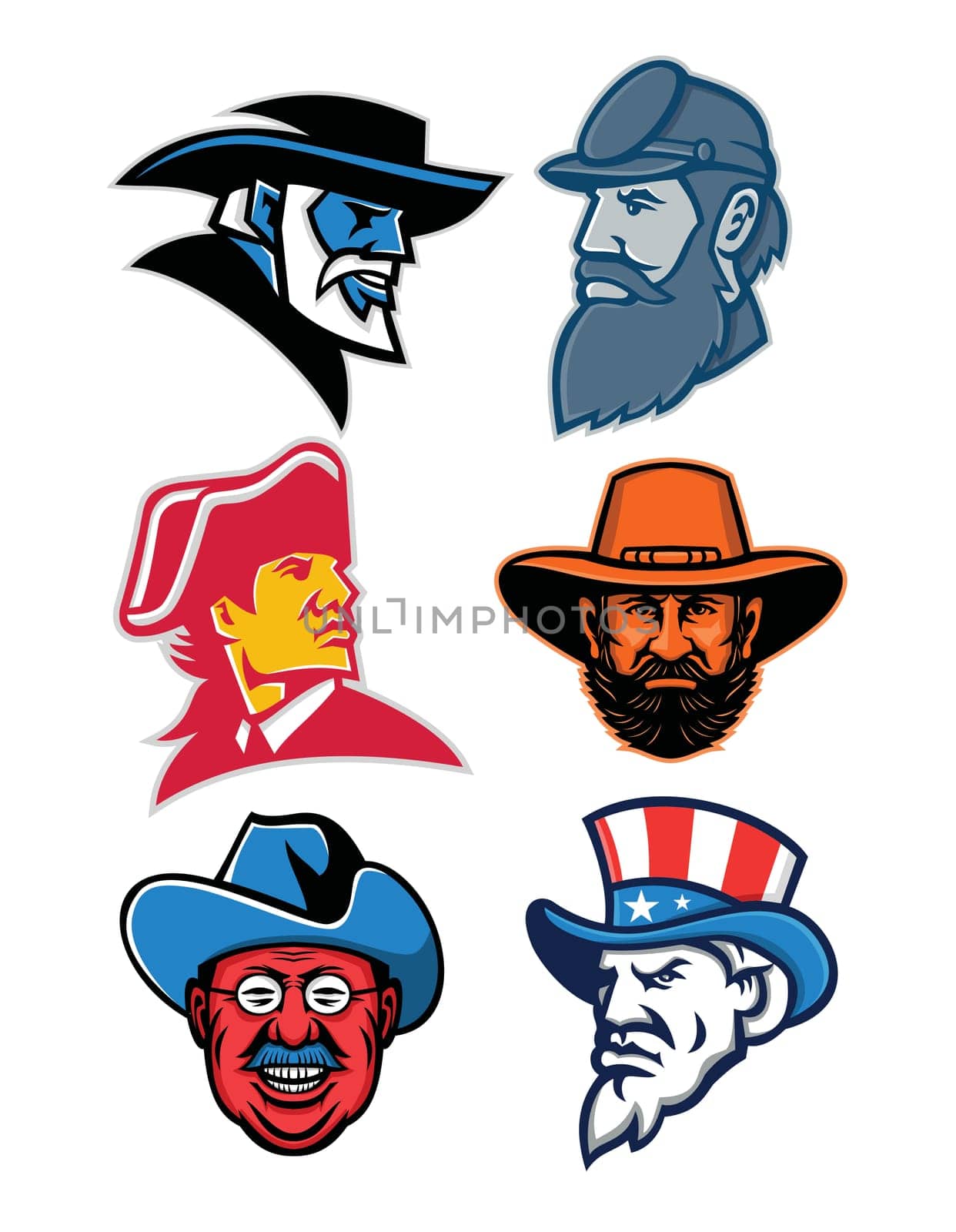 Mascot icon illustration set of heads of American Generals and Statesman like General Robert E Lee, General Stonewall Jackson, General Ulysses Simpson Grant, Theodore Roosevelt of the Rough Riders, an American revolution commander and Uncle Sam on isolated background in retro style.