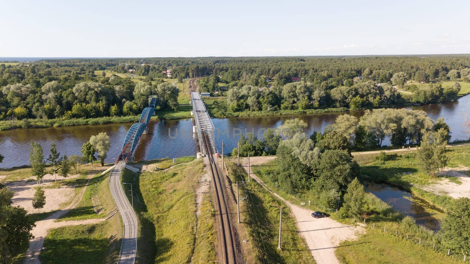 Gauja river railroad bridge Latvia aerial drone top view