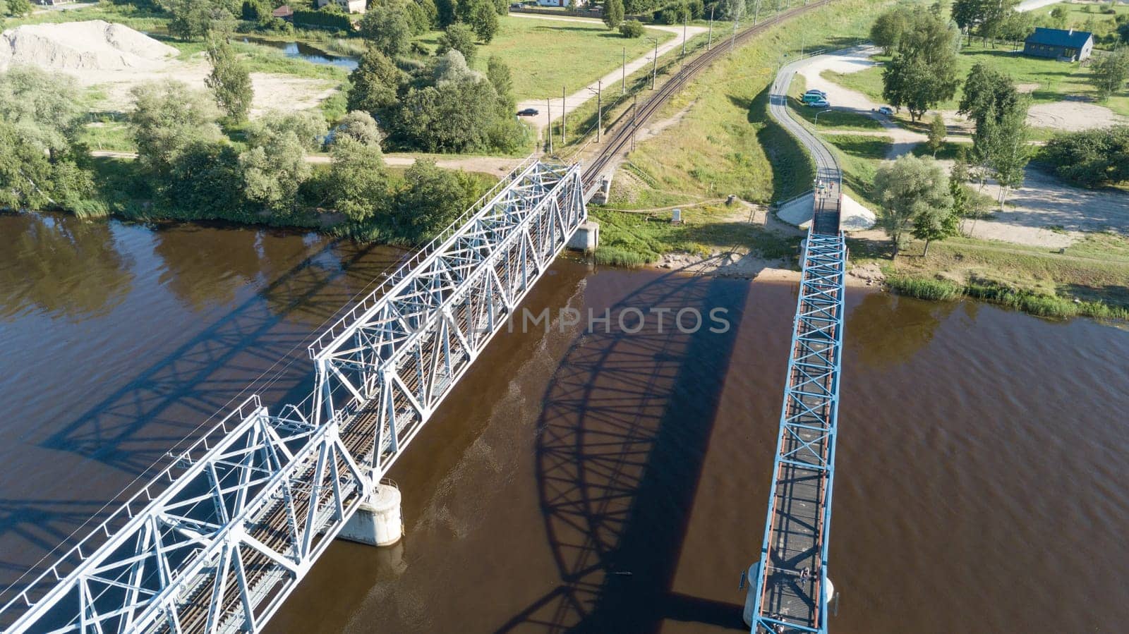 Gauja river railroad bridge Latvia aerial drone top view