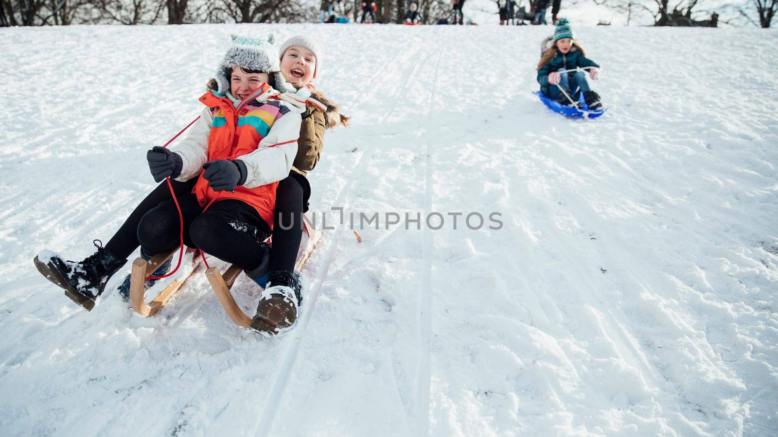 Little girls are having a sledding race on a hill in the snowy weather.