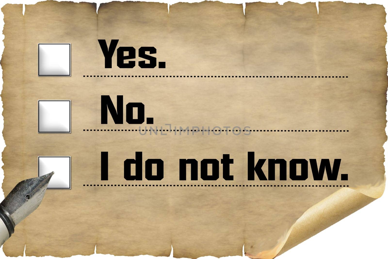 Checkbox with inscription in English "Yes, No, I do not know"" on old document paper.."