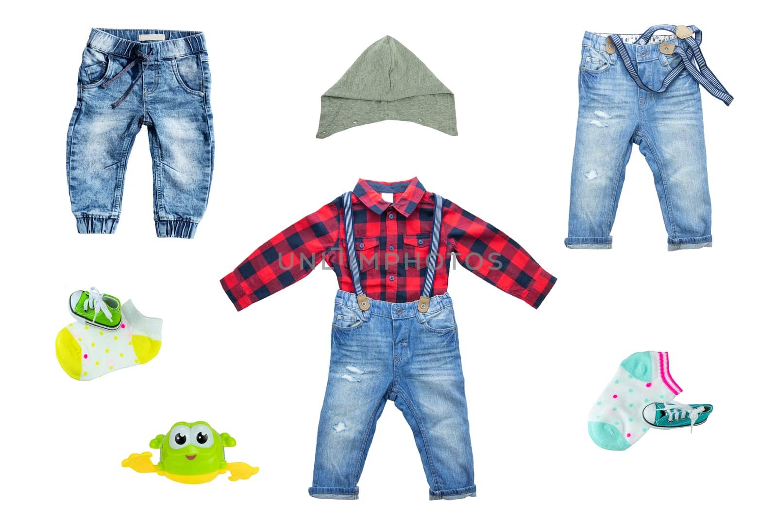 Collection of blue jeans for boys isolated on white background. Spring and summer fashion.