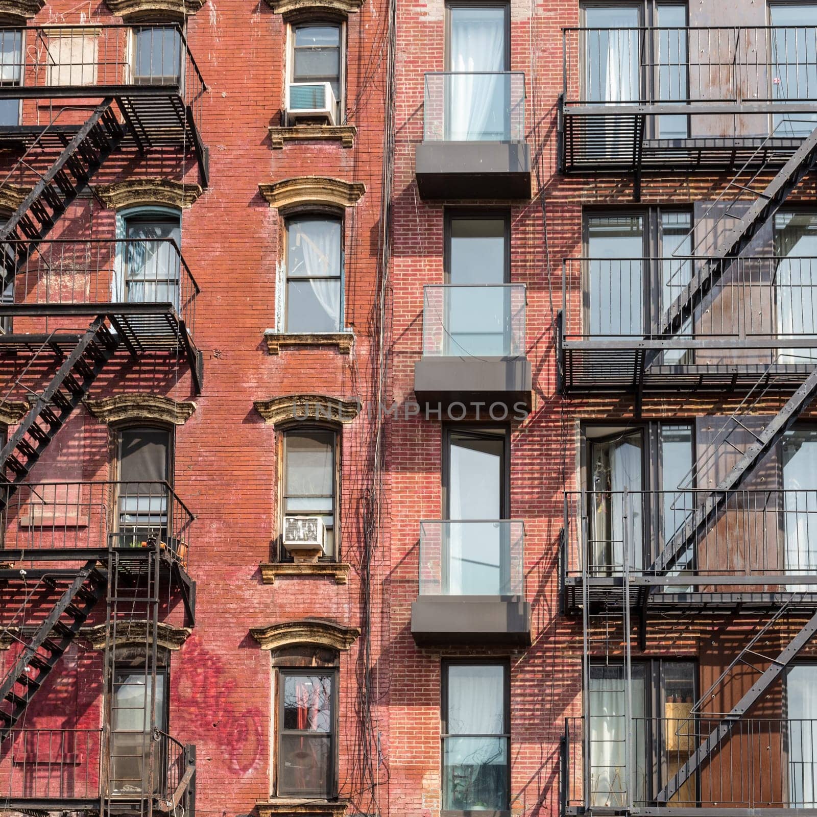 A fire escape of an apartment building in New York city.