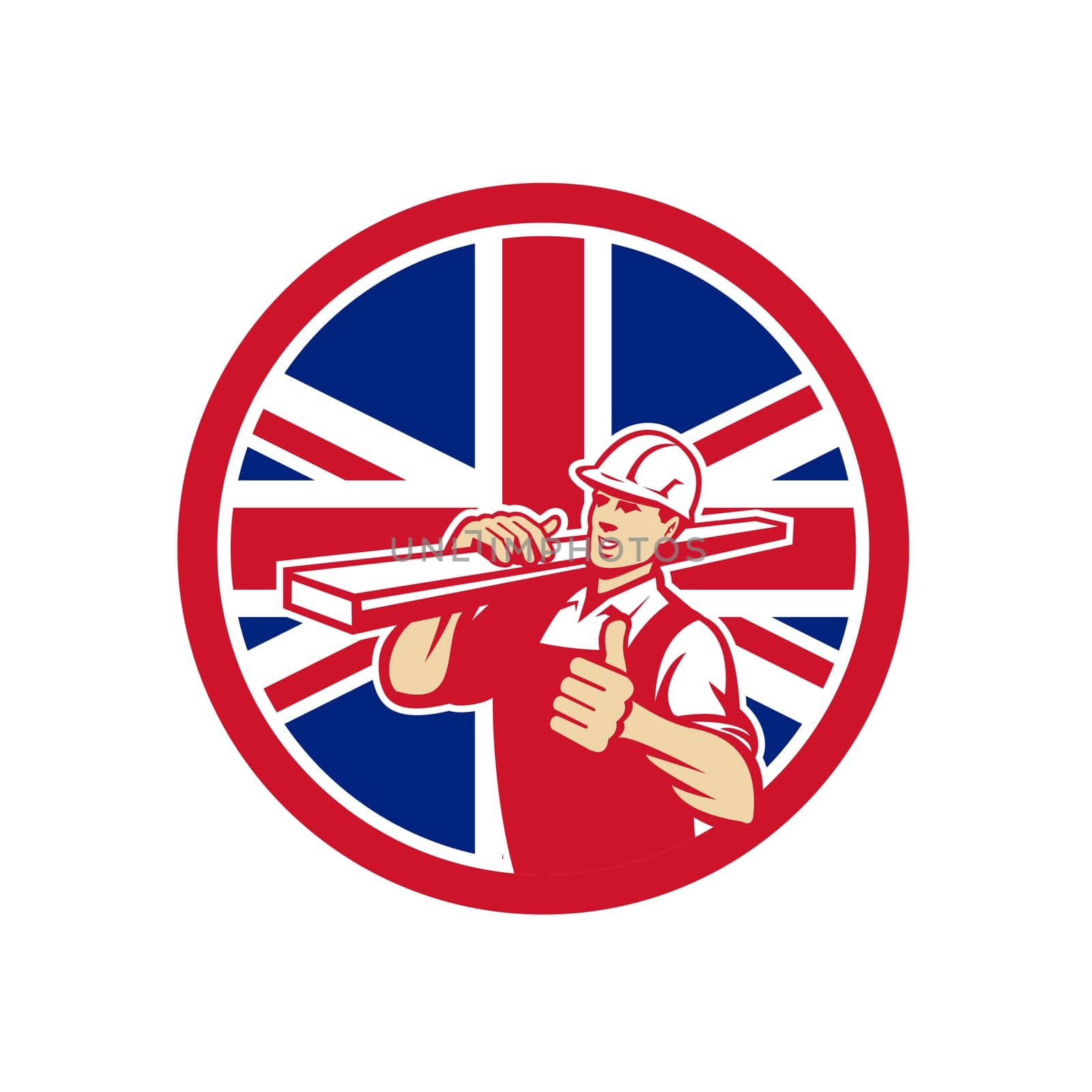 Icon retro style illustration of a British lumber yard or lumberyard worker thumbs up with United Kingdom UK, Great Britain Union Jack flag set inside circle on isolated background.