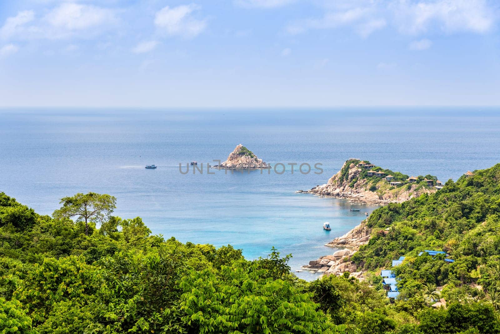 Beautiful nature landscape blue sea at Aow leuk bay under the summer sky from high scenic view point on Koh Tao island is a famous tourist attraction in the Gulf of Thailand, Surat Thani, Thailand