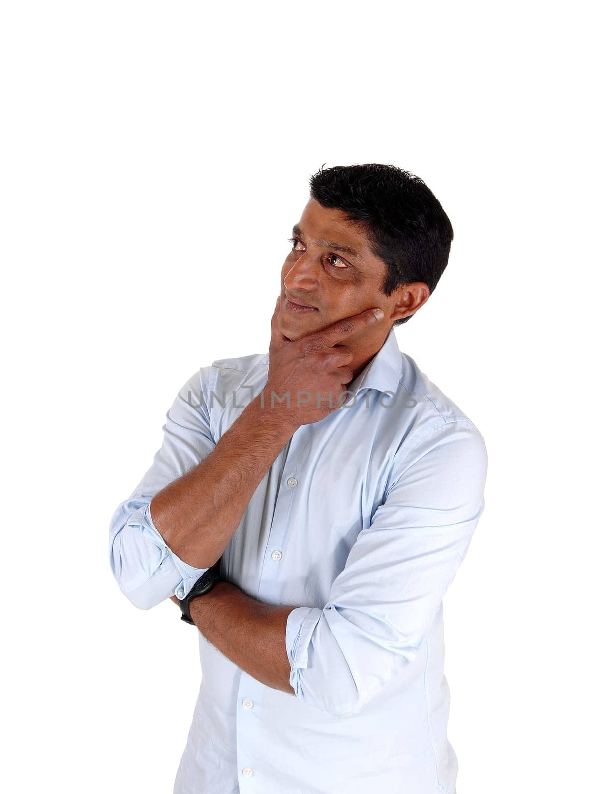 A close up image of a very serious man with his hand on his chin.looking confused and puzzled, isolated for white background.