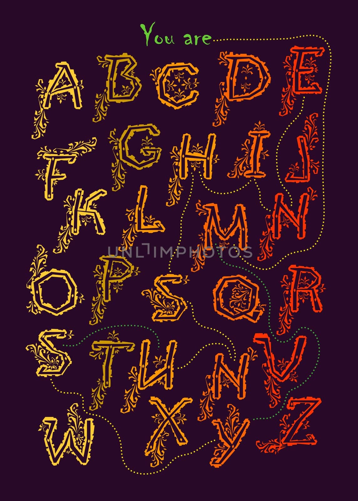 Artistic alphabet with encrypted romantic message - You are sunshine. Yellow, orange and red letters with graceful decor. Black background.  Illustration