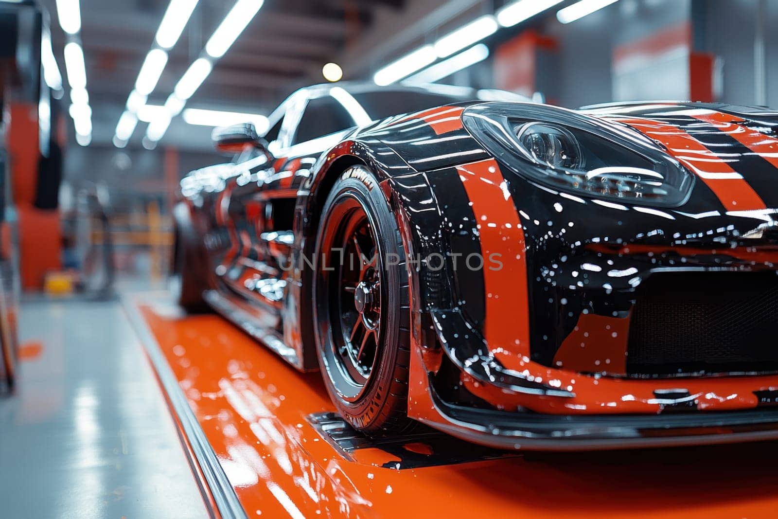 A striking red and black sports car is showcased in an auto shop, emphasizing its sleek design and polished surface. Bright lights illuminate the garage, enhancing the vehicle's aerodynamic features and detailing.