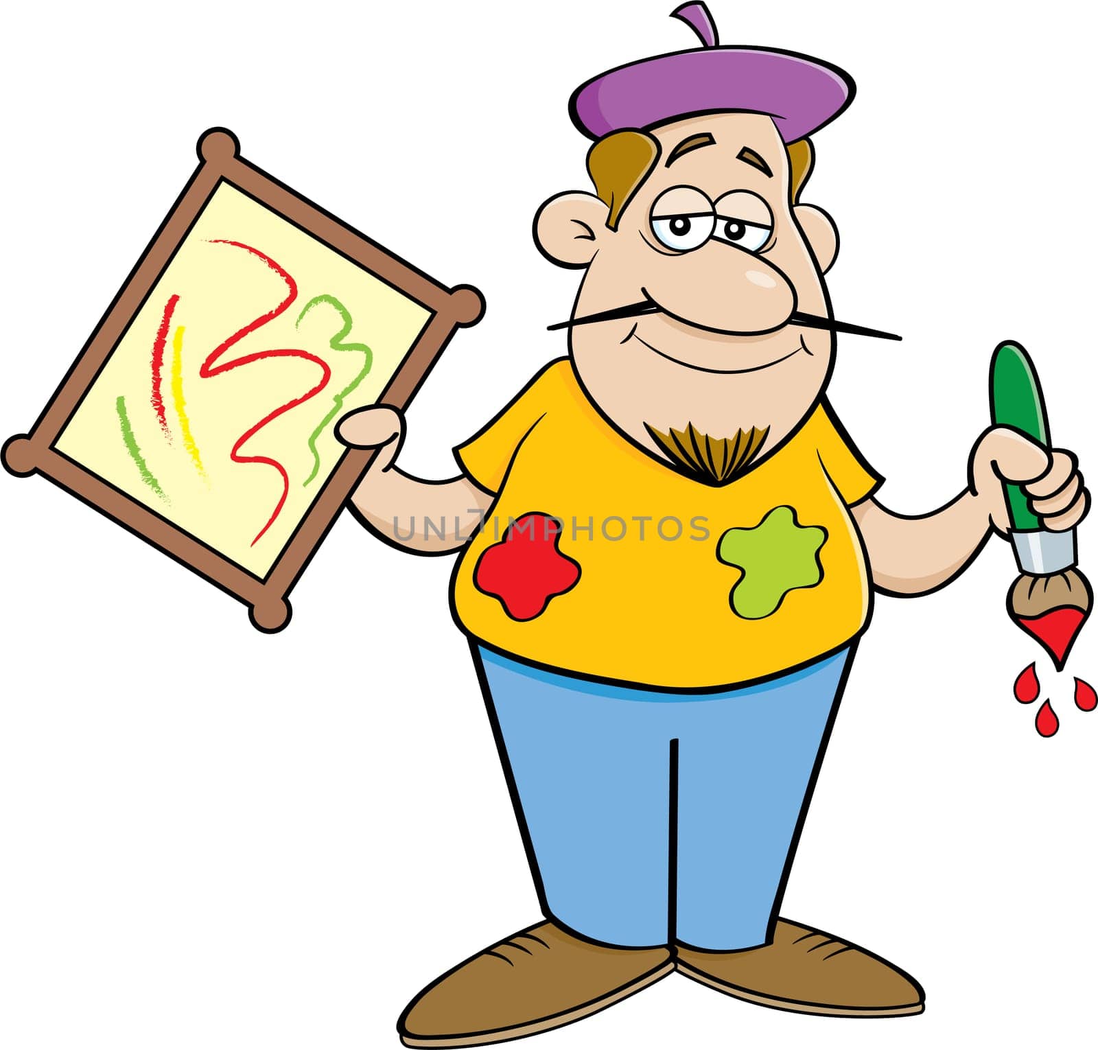 Cartoon illustration of an artist holding a painting.