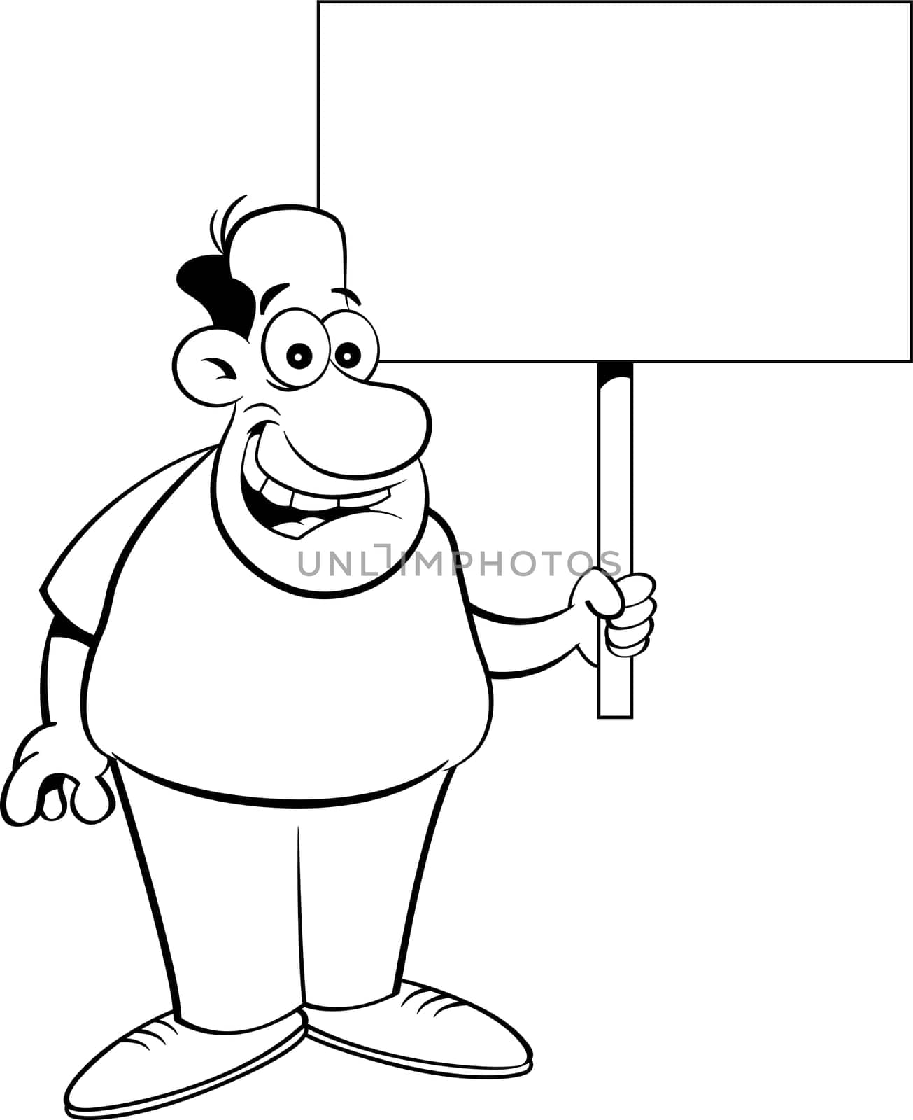Black and white illustration of a man holding a sign.