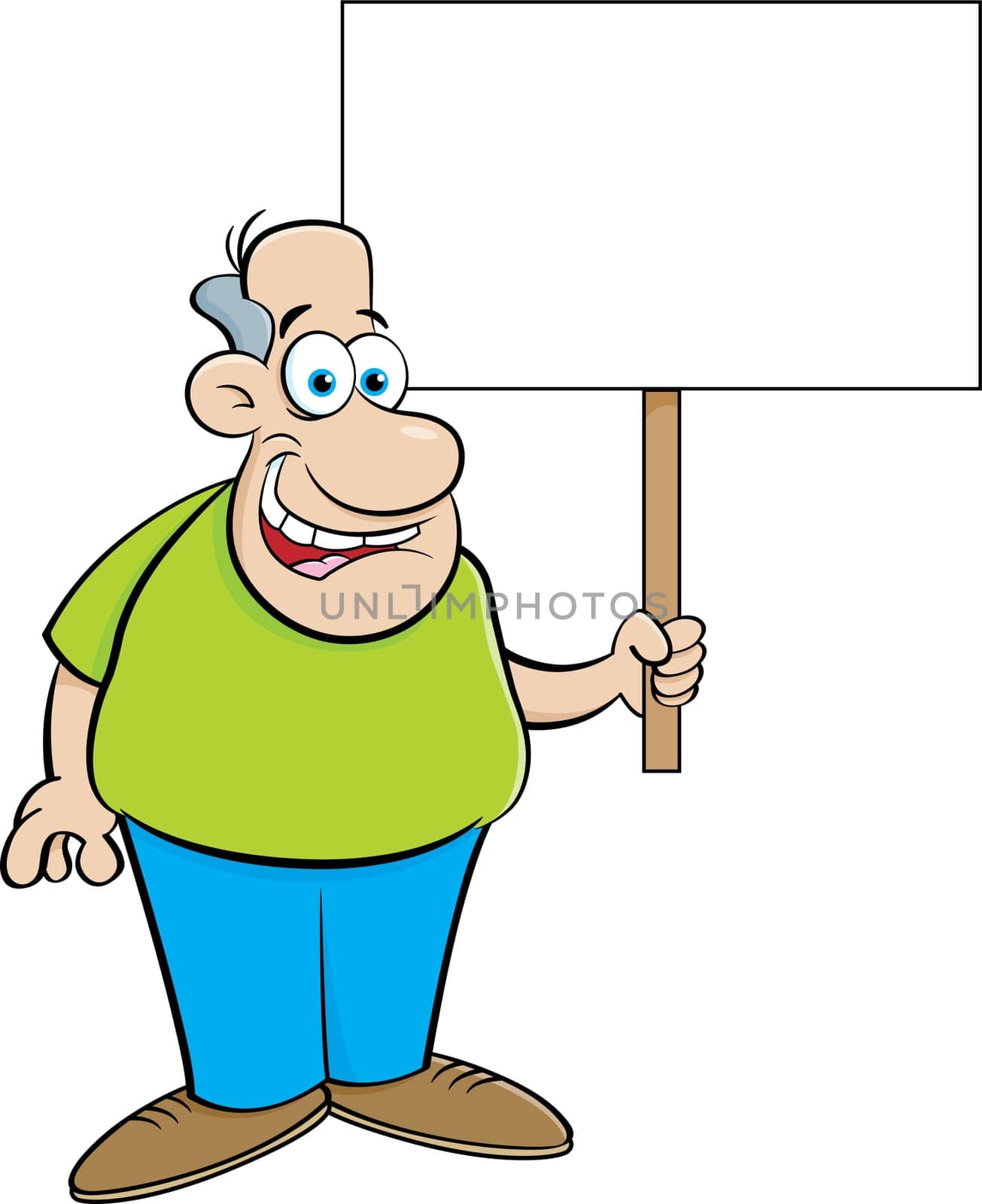 Cartoon illustration of a man holding a sign.