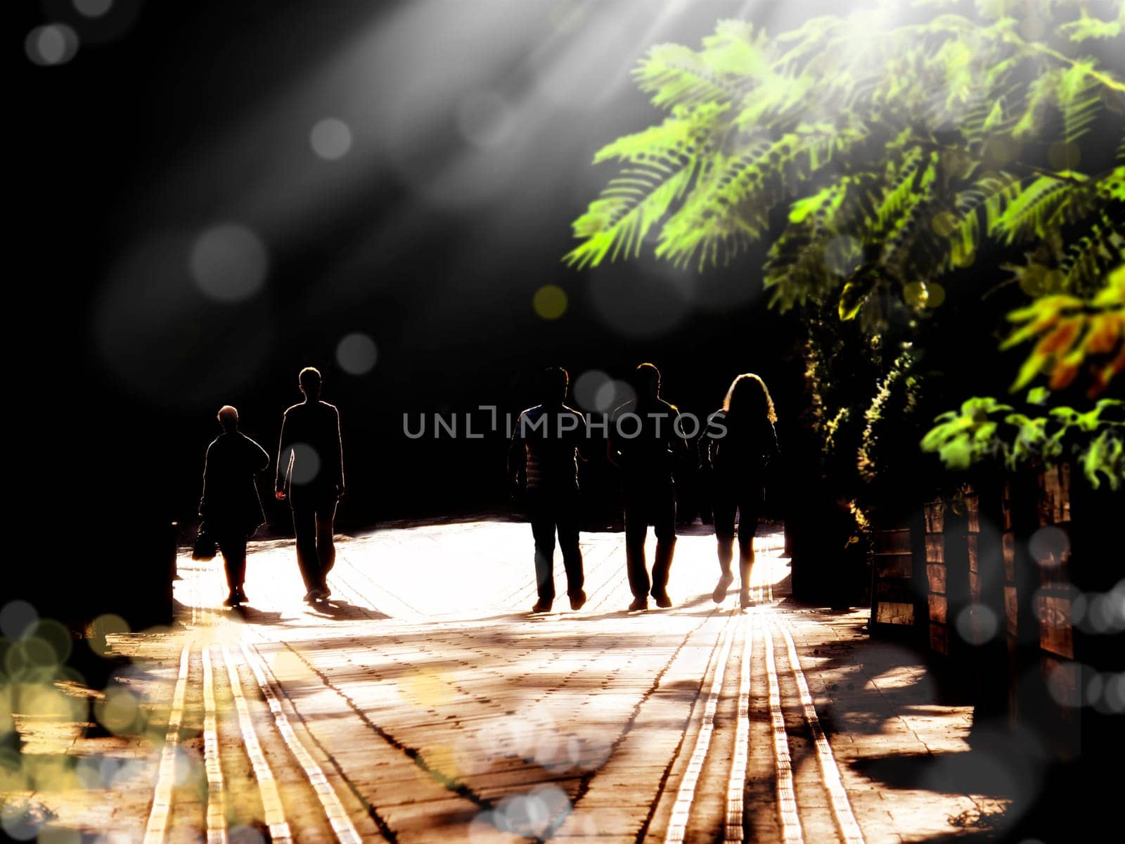 silhouetted people walking on street and sunbeam
