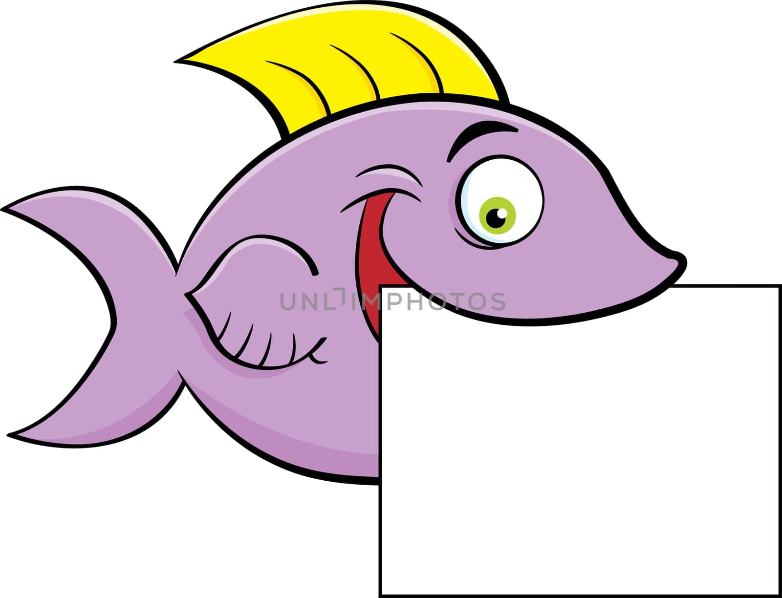 Cartoon illustration of a fish holding a sign.