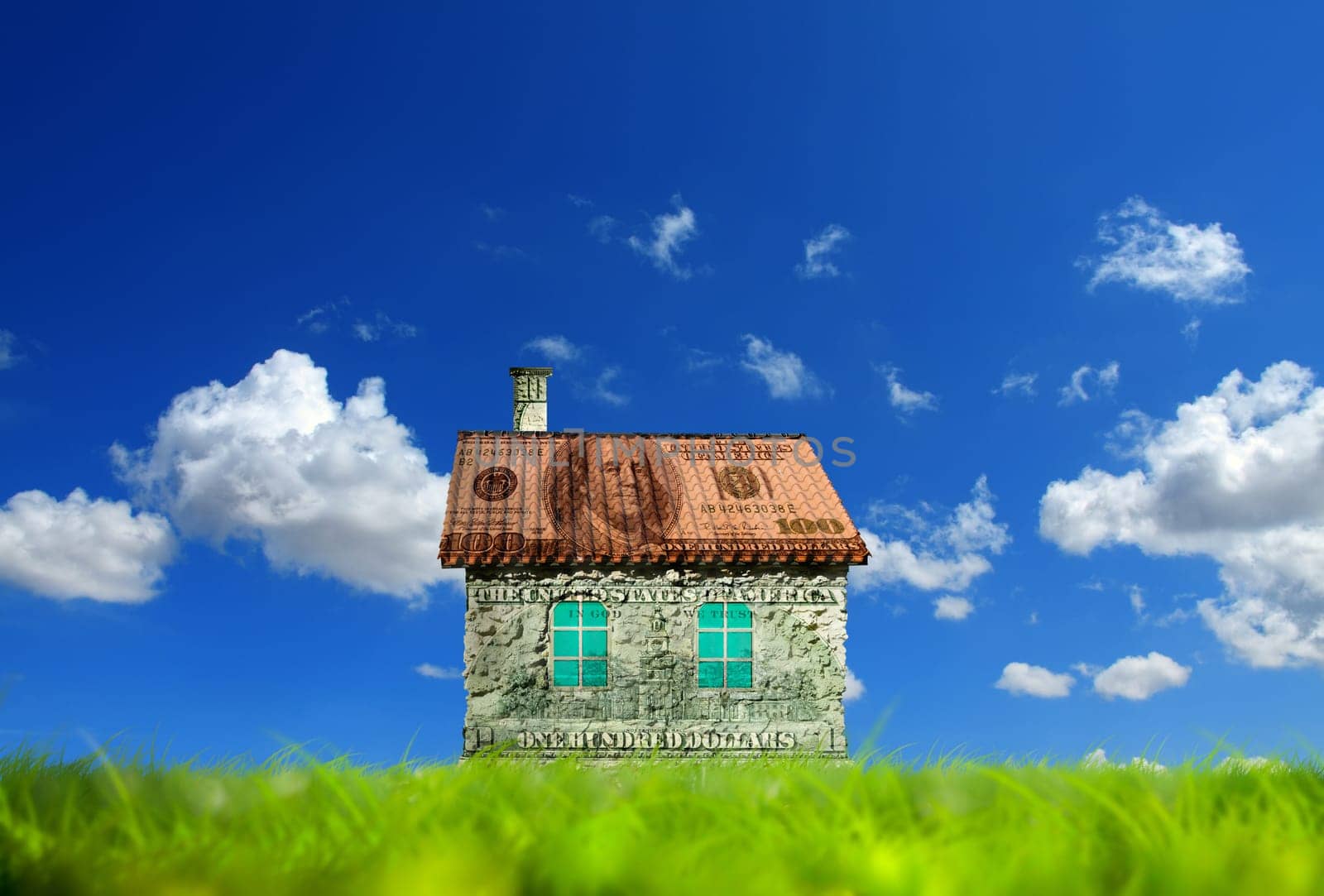Conceptual image of money house on green landscape