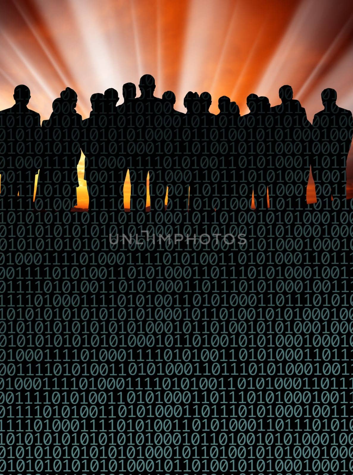 onceptual image of silhouetted group of business people and binary code over light beam