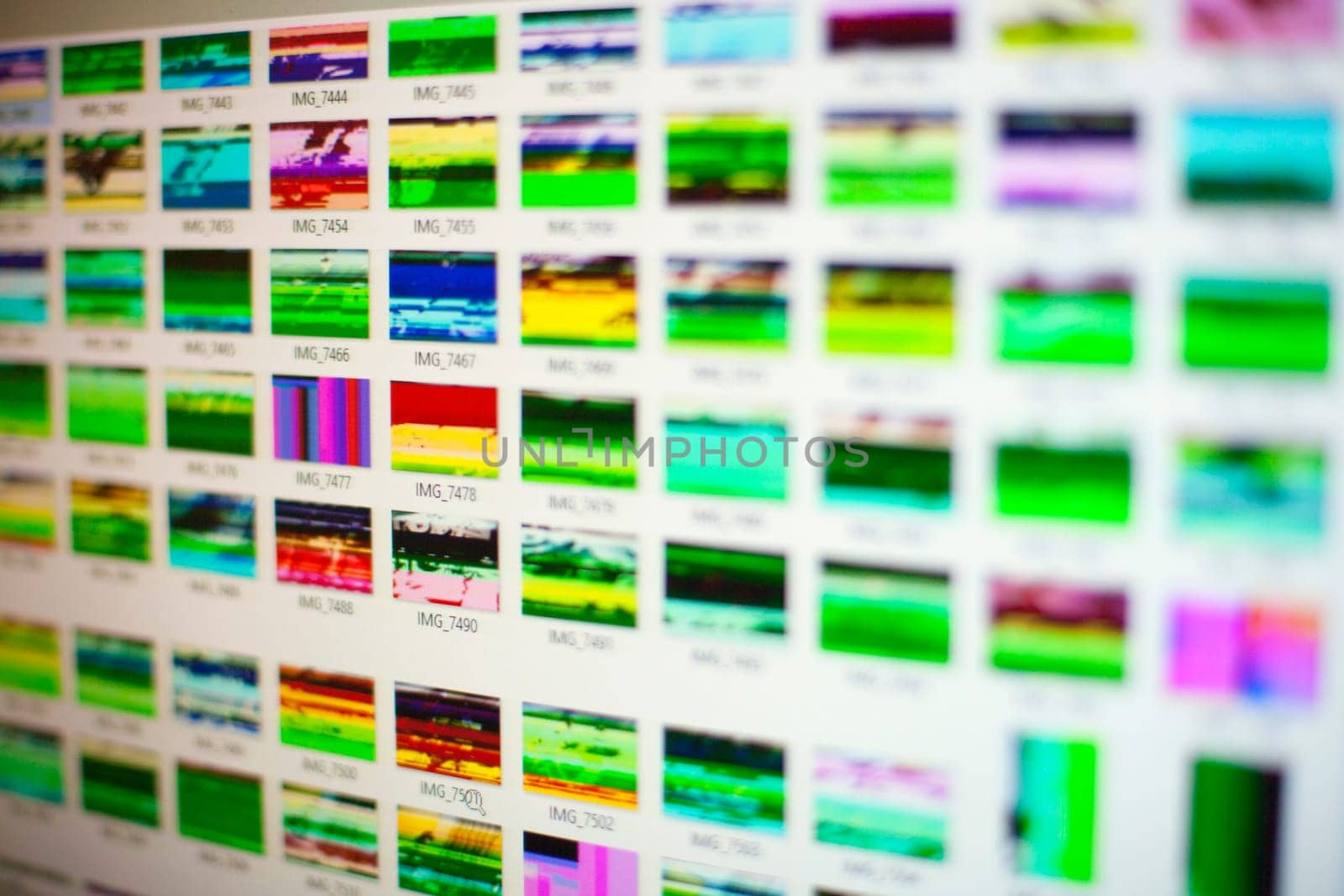 Computer screen with file browser that show damaged digital image file data