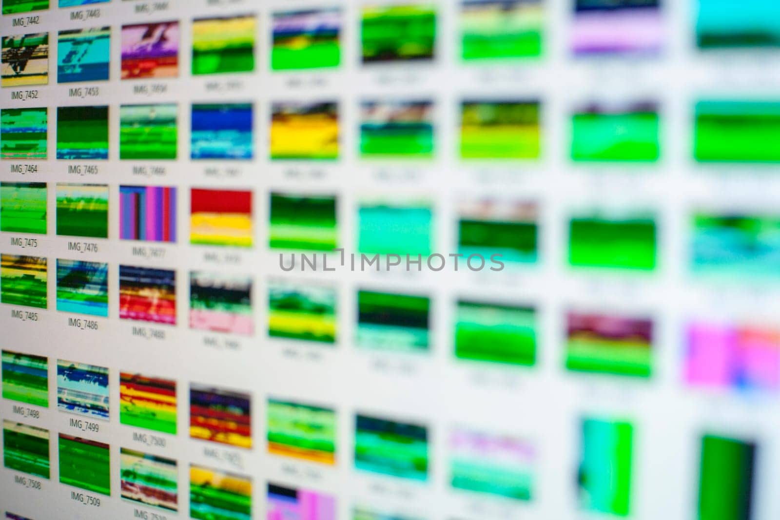 Computer screen with file browser that show damaged digital image file data