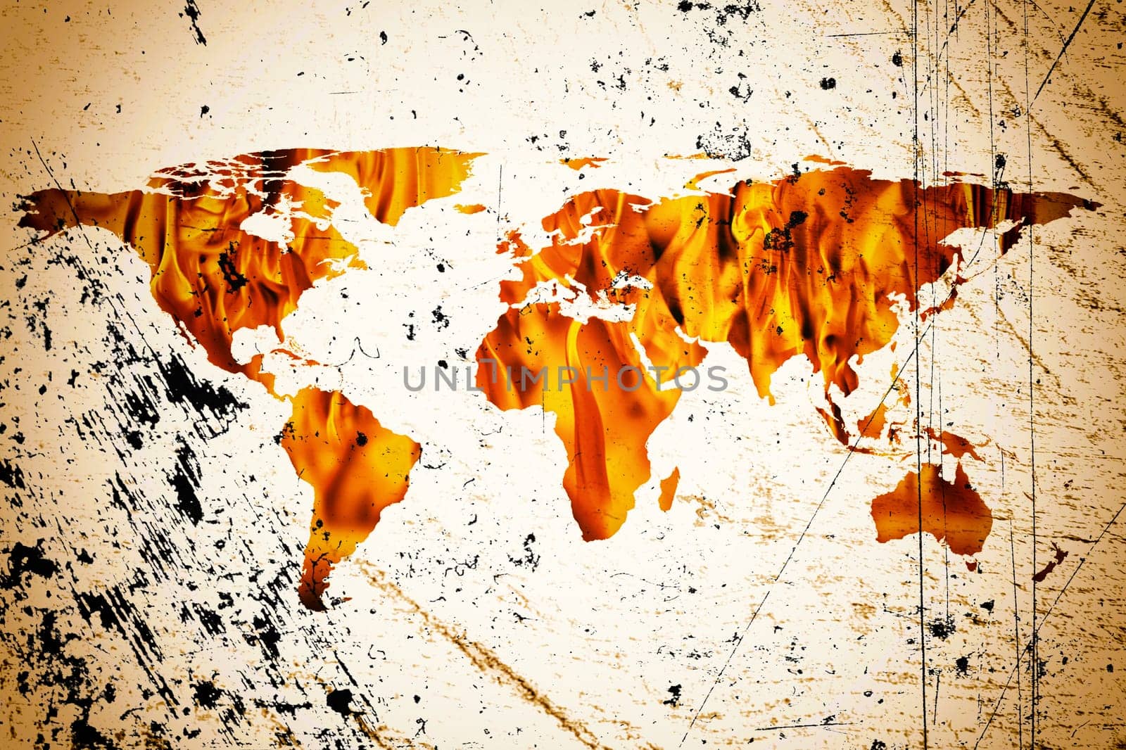 conceptual image of flat world map and fire flames. NASA flat world map image used to furnish this image.
