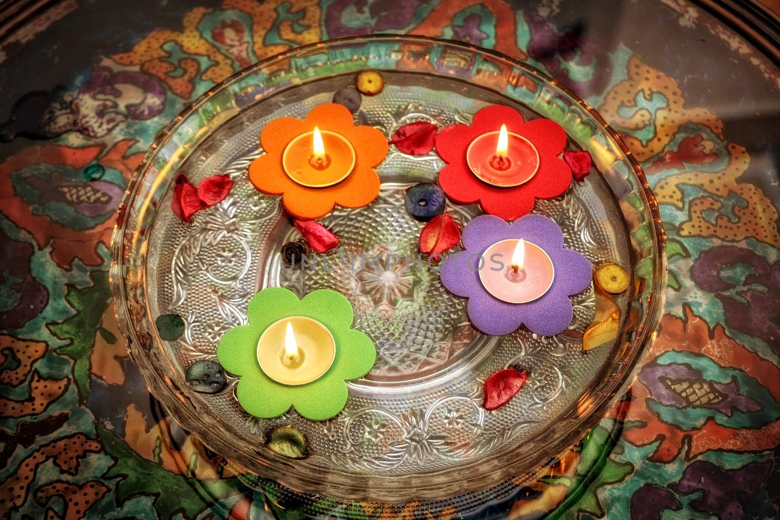 close up shot of floating candles in glass bowl.