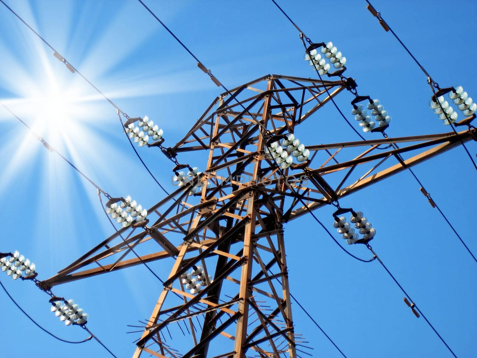 close up shot of steel power line tower.
