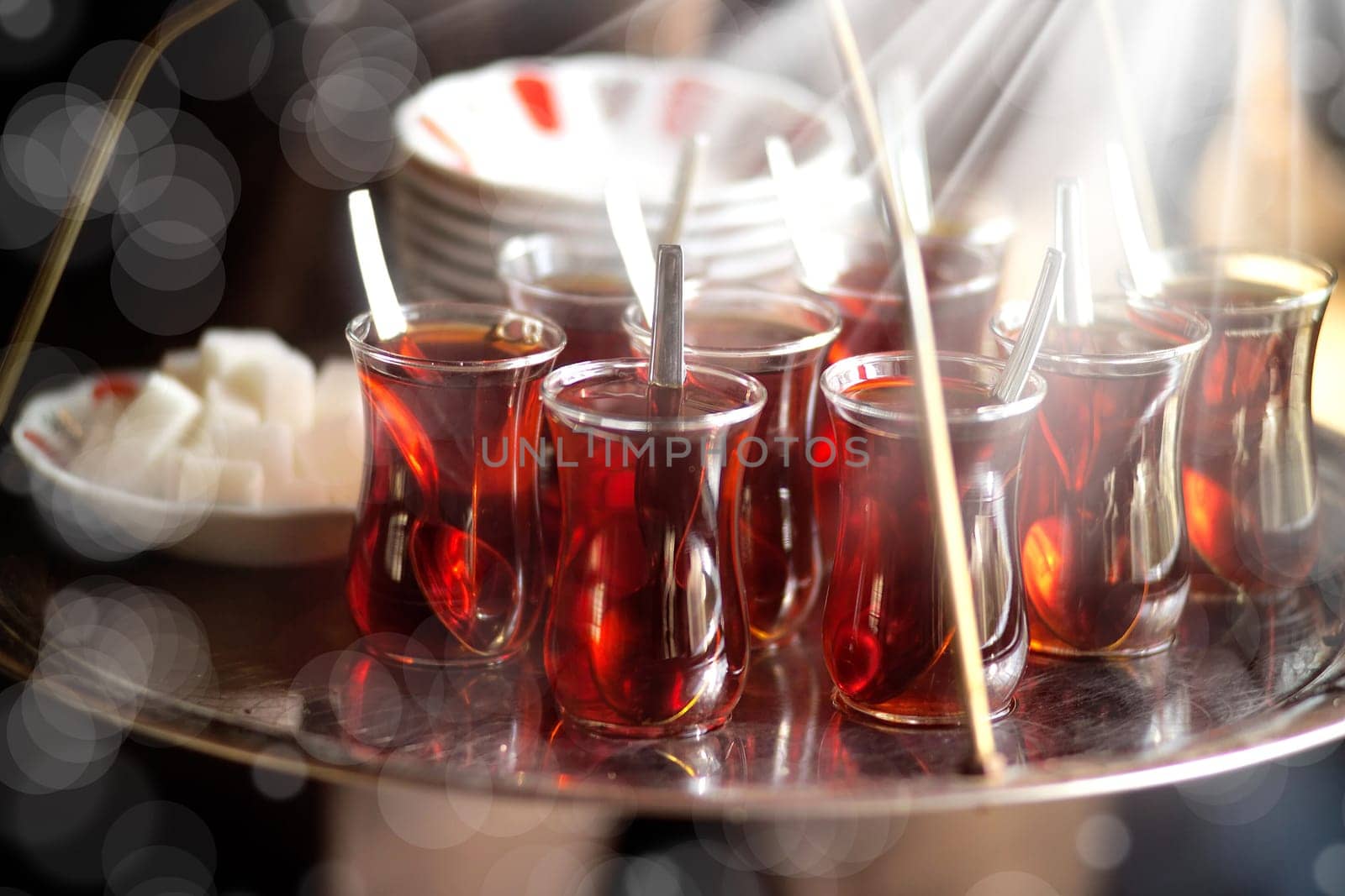 Close up shot of full tea tray in istanbul.