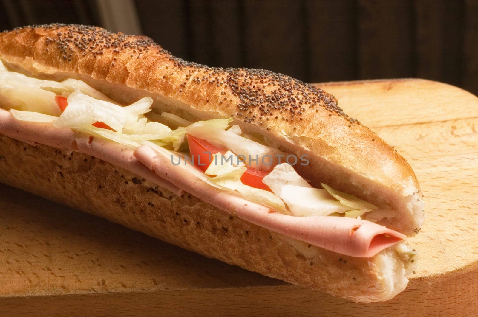 close up shot of fresh salami sandwich