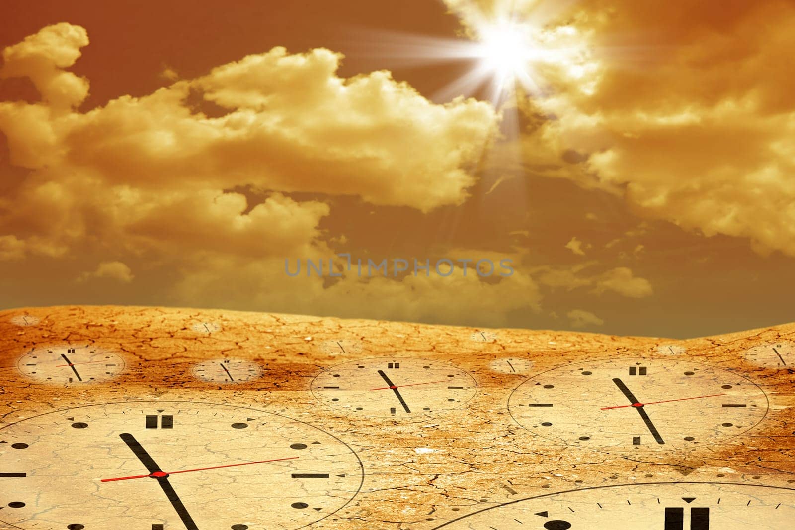 conceptual image of clock on dried and cracked landscape over sunny sky.