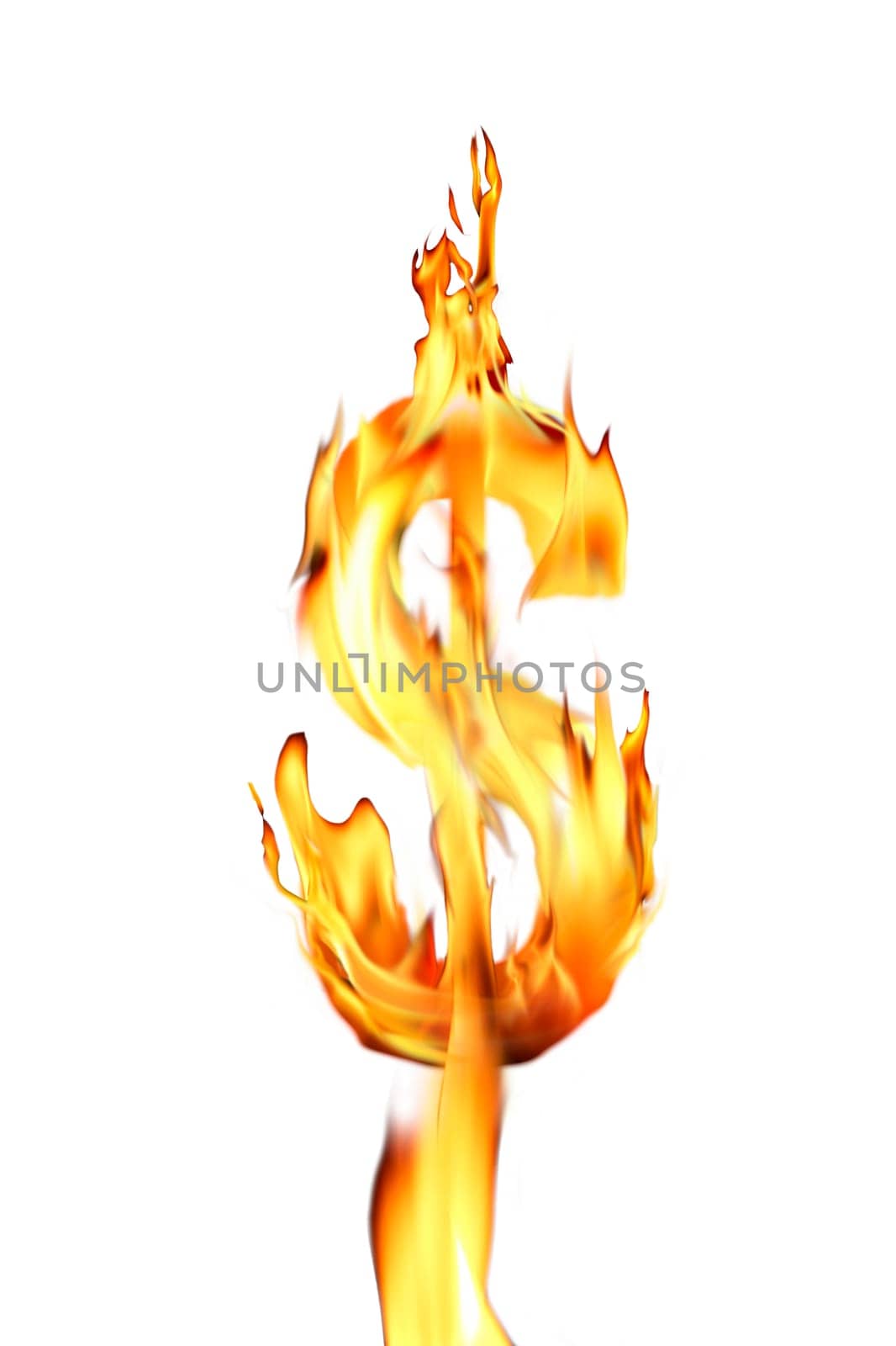 close up shot of burning dolar sign over white background.
