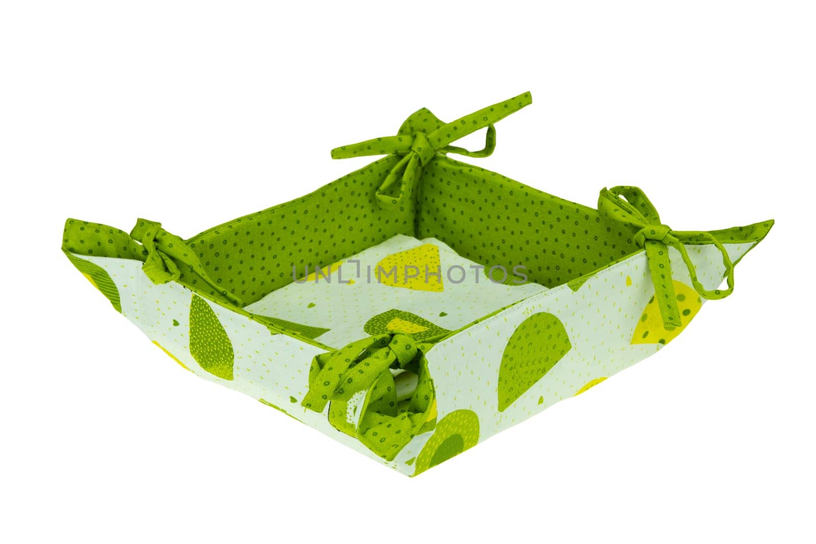 Empty green basket for bread isolated on white background.