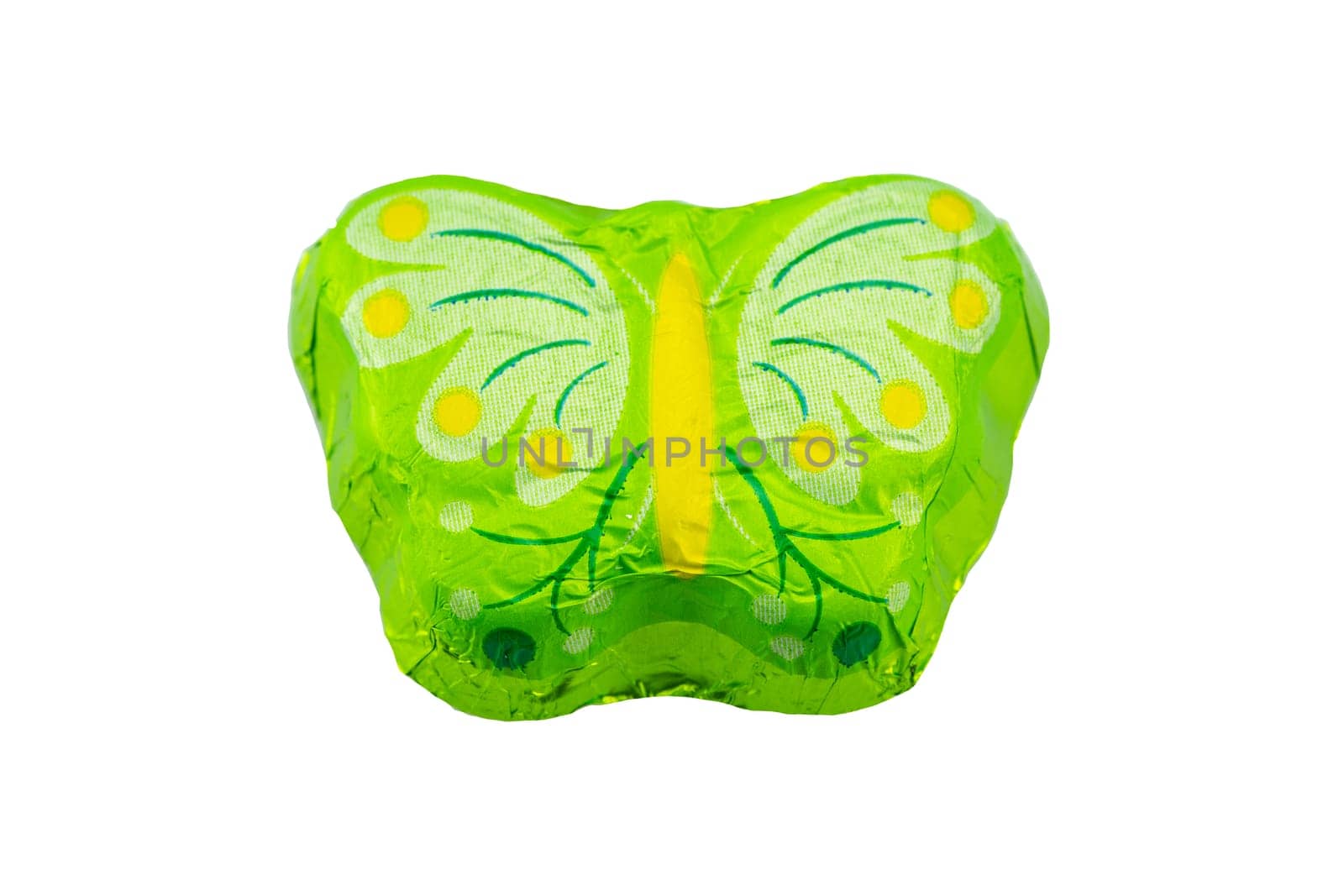Chocolate butterfly in a colorful packaging on white background isolated. Concept sweets.