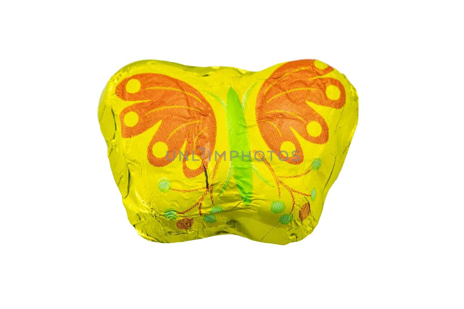 Chocolate butterfly in a colorful packaging on white background isolated. Concept sweets.