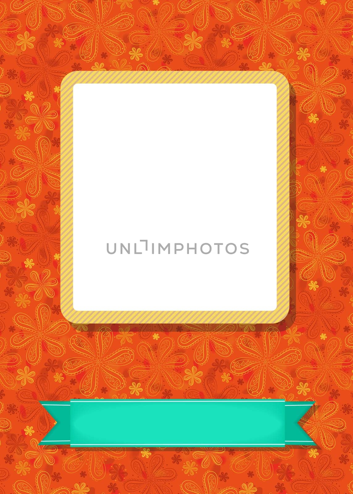 Graceful greeting card. Geometric floral pattern. Yellow frame for custom photo. Green banner for custom text. Orange background
