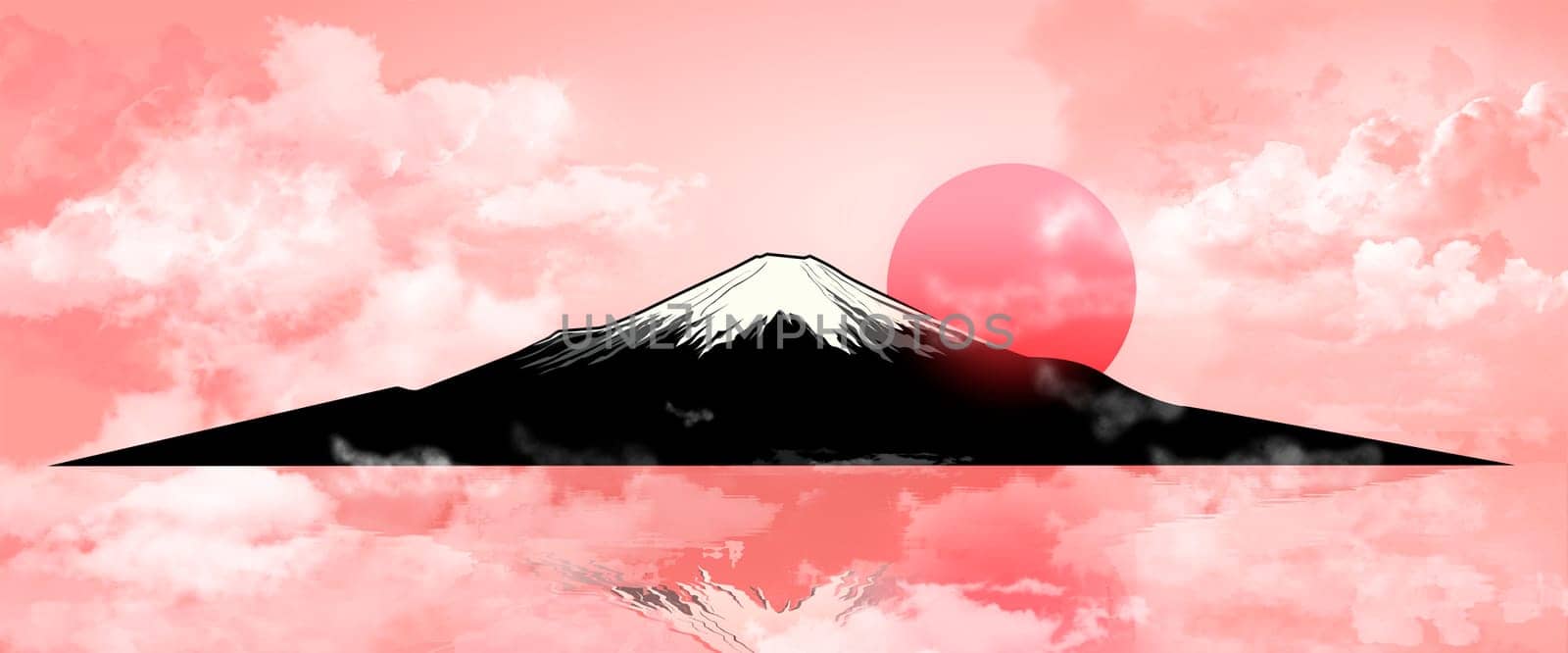 Silhouette Fuji mountain at sunset. Landscape, Mount Fuji. Mount Fuji on a pink background.