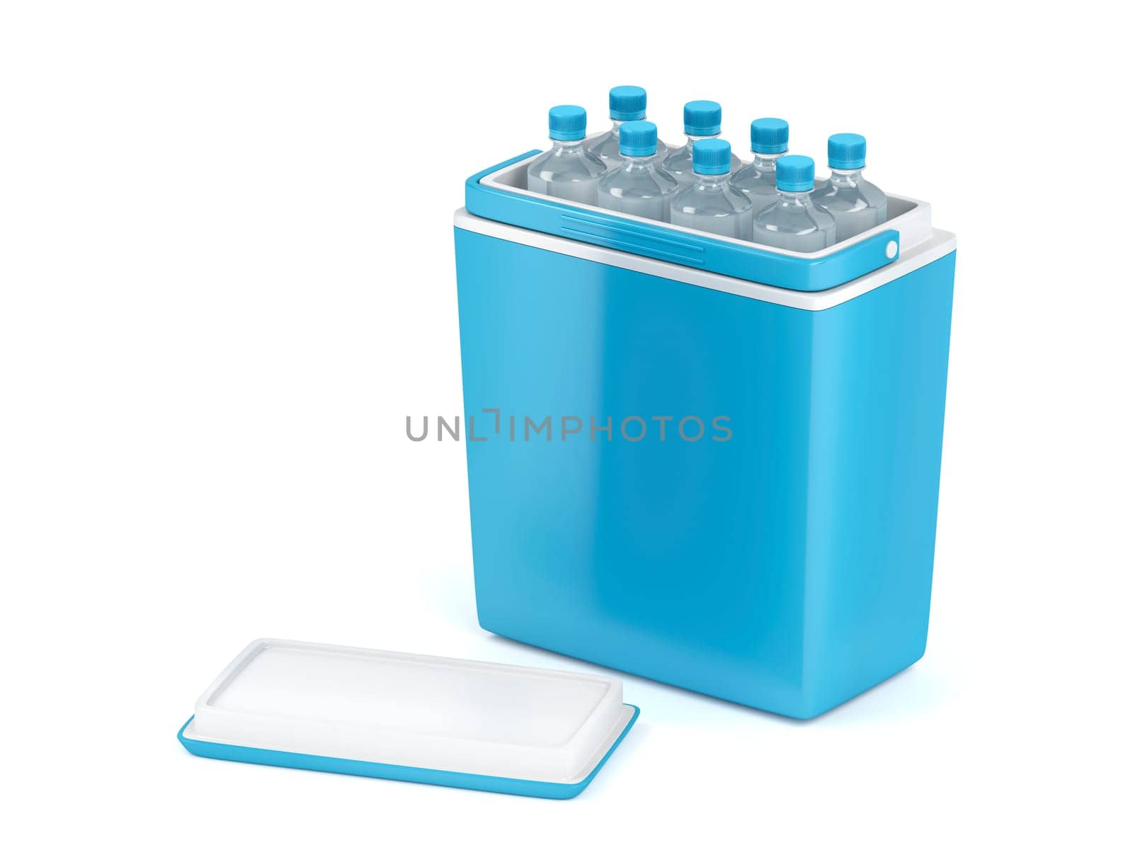 Blue cooling box with bottles on white background