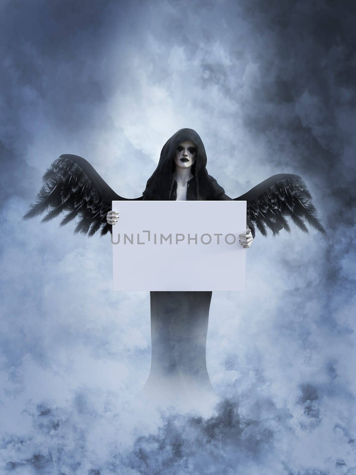 An angel of death with its black wings spread holding a blank sign for your divine message, 3D rendering. She is surrounded by smoke or clouds like it's a dream or in heaven.