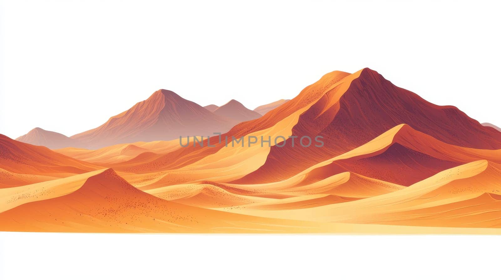 Golden-hued sand dunes stretch across the foreground, leading to softly silhouetted mountains in the background. The atmosphere conveys serenity, with a clean, expansive sky enhancing the tranquil scene.