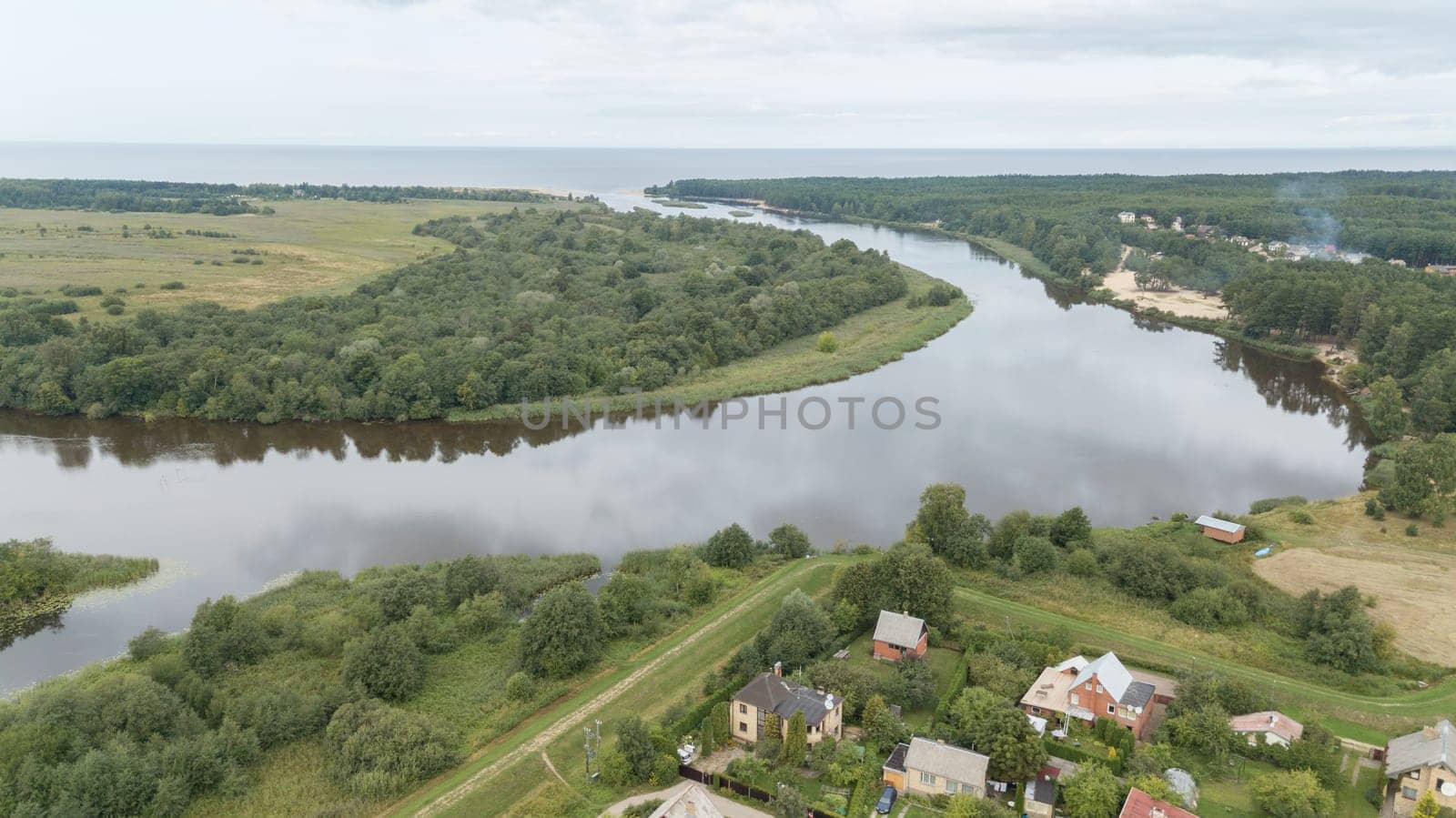 Gauja river Latvia drain into Baltic Sea aerial drone top view